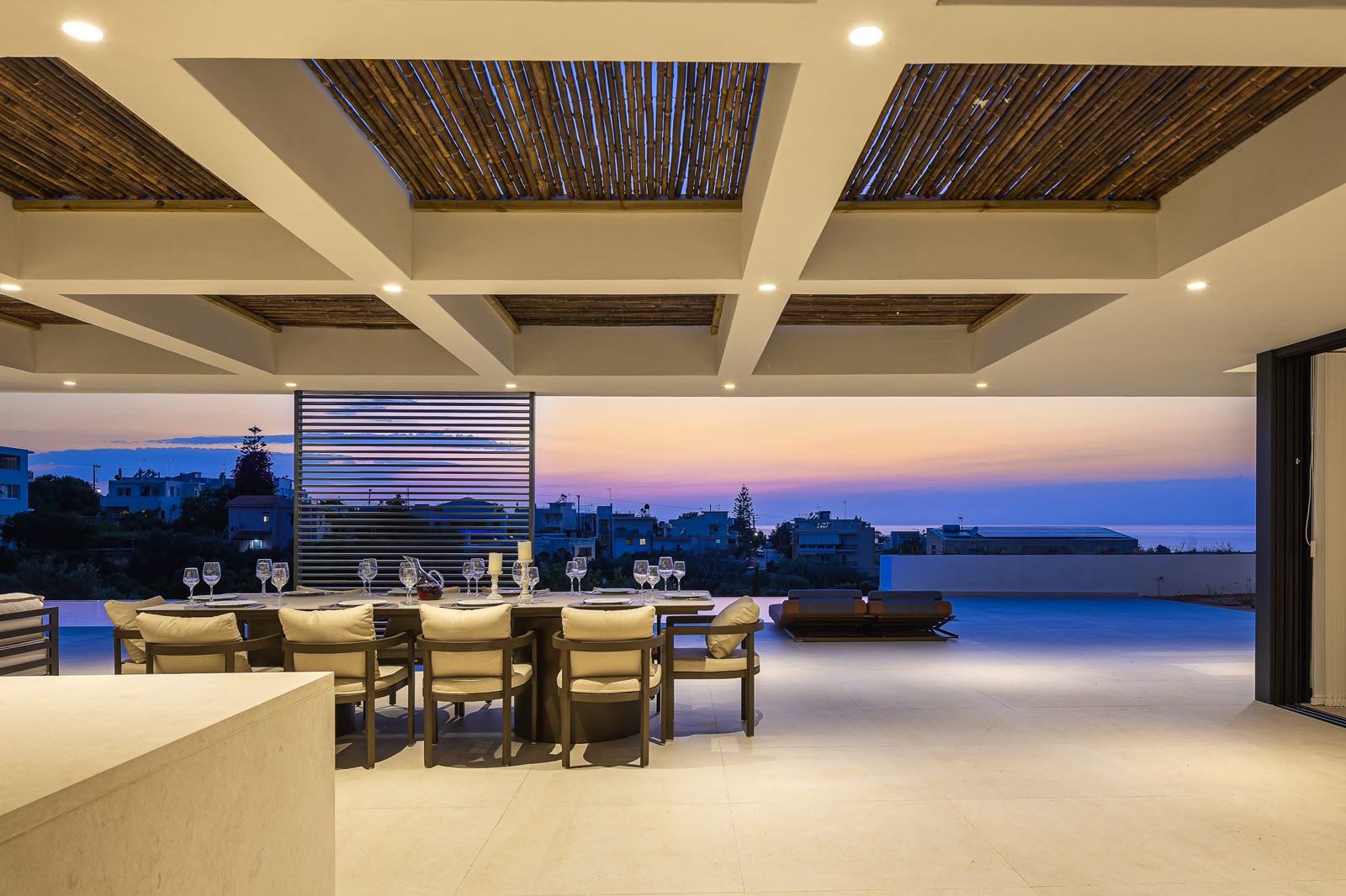 Covered outdoor dining at sunset